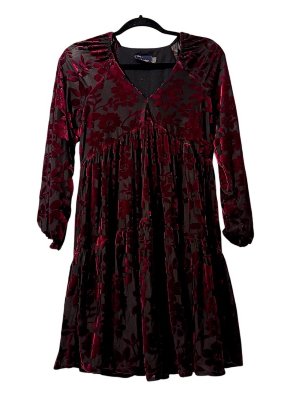Just Taylor Burgundy Black Floral Velvet Long Sleeve Tiered Dress Size 4